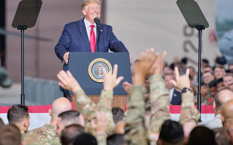 President Donald Trump speaks to servicemembers and families on Osan Air Base, South Korea, Sunday, June 30, 2019.
