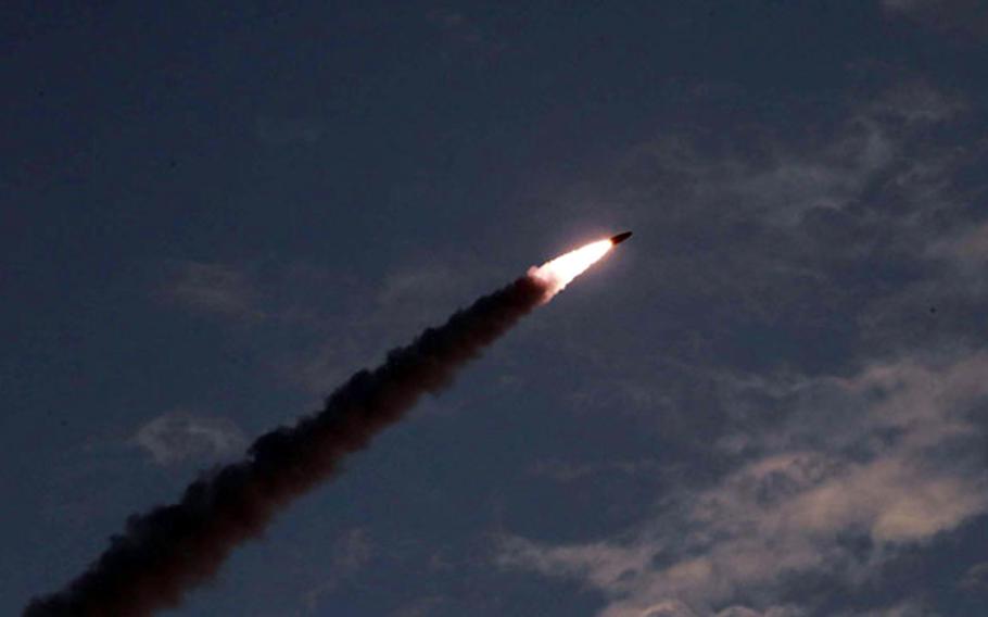 A short-range missile is launched in this undated photo released by the Korean Central News Agency, Friday, July 26, 2019. 