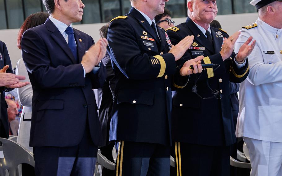 From left: South Korean Defense Minister Jeong Kyeong-doo ; U.S. Forces Korea and United Nations Command commander Gen. Robert Abrams; and Eighth Army Commander Lt. Gen. Michael Bills applaud for Korean War veterans during the United Nations Forces Participation Day ceremony in Seoul, South Korea, Saturday, July 27, 2019.