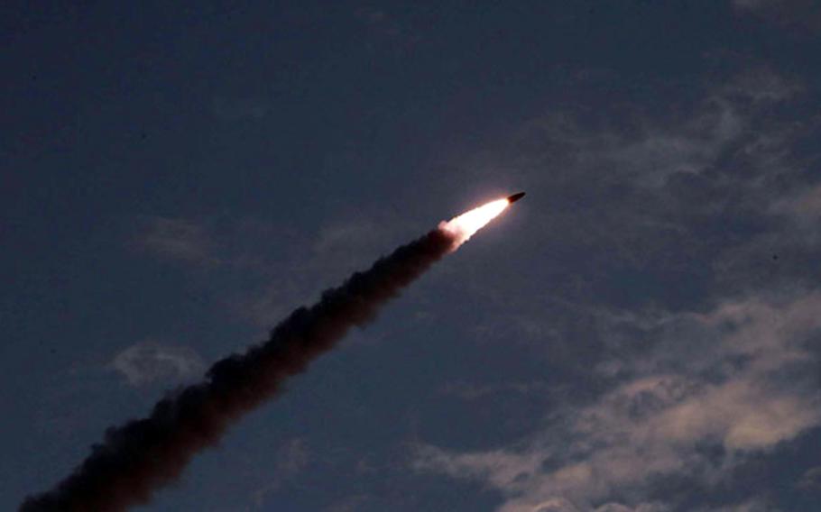 A short-range missile is launched in this undated photo released by the Korean Central News Agency, Friday, July 26, 2019.