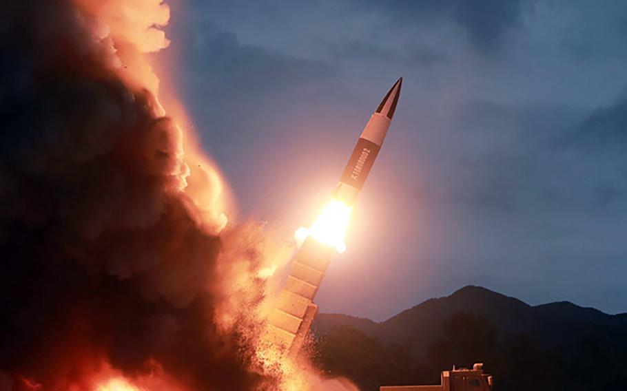 A short-range missile is launched in this photo released by the Korean Central News Agency on Aug. 11, 2019.
