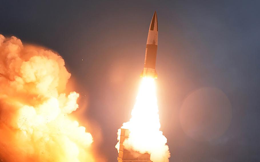 A short-range missile is launched in this photo released by the Korean Central News Agency on Aug. 11, 2019.
