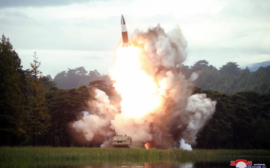 This undated photo, released by the state-run Korean Central News Agency on Aug. 17, 2019, shows the test-firing of a ‘new weapon,’ according to KCNA.