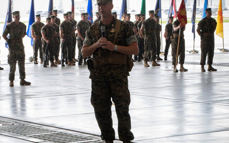 Col. Frederick L. Lewis Jr., incoming commander of Marine Corps Air Station Iwakuni, Japan, speaks to Marines and sailors at the change-of-command ceremony Thursday, Aug. 22, 2019.