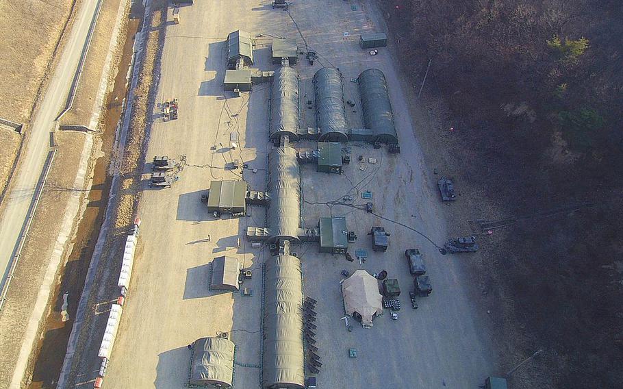 An overview photo shows the 502nd Field Hospital at the Multi-Purpose Live Fire Complex, Rodriguez Range, South Korea  in March 2019.