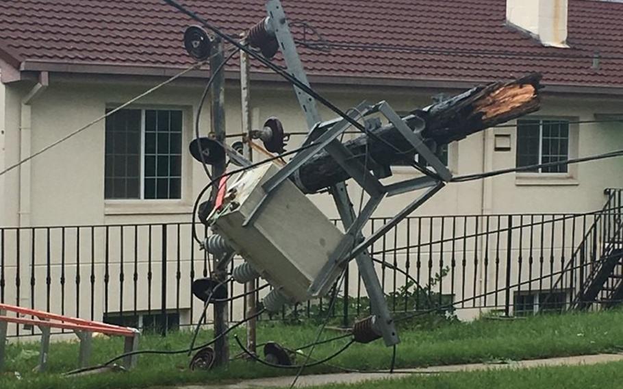 Power lines on Yongsan Garrison, South Korea, were downed by Typhoon Lingling on Saturday, Sept. 7, 2019.