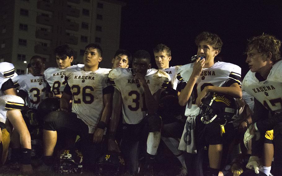 Players from the Kadena Panthers gather after the defeating the Kubasaki Dragons in the first football game of the season at Mike Petty Stadium on Camp Foster, Okinawa, Japan, Saturday, Sept. 7, 2019. 