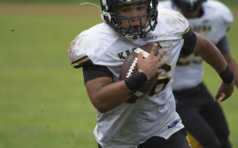A player from the Kadena Panthers runs the ball during the first football game of the season against and the Kubasaki Dragons at Mike Petty Stadium on Camp Foster, Okinawa, Japan, Saturday, Sept. 7, 2019. 