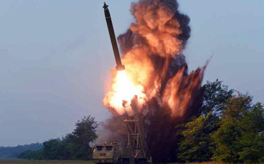 North Korea conducts a launch in this undated photo released by the state-run Rodong Sinmun newspaper, Wednesday, Sept. 11, 2019.