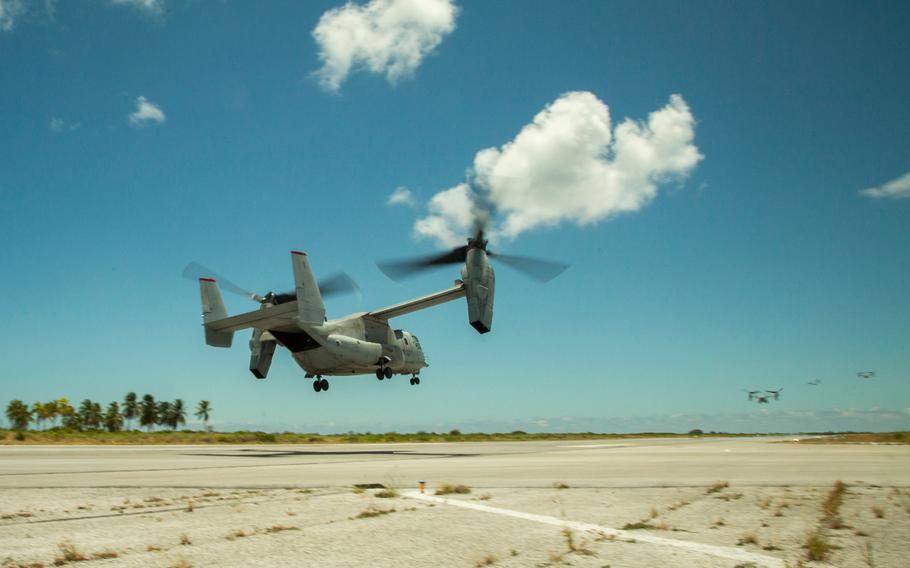 Marine Corps MV-22 Ospreys take flight from Cassidy International Airport, Kiribati, Sept. 20, 2019, during their trans-Pacific flight between Australia and Hawaii.