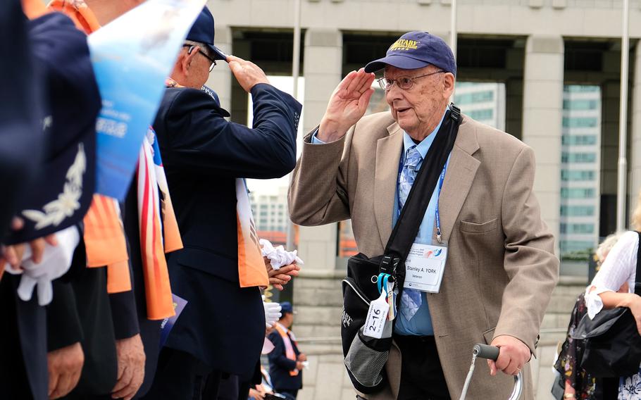 Korean War veteran Stanley York returns a salute at the War Memorial of Korea in Seoul, South Korea, Friday, Sept. 27, 2019.