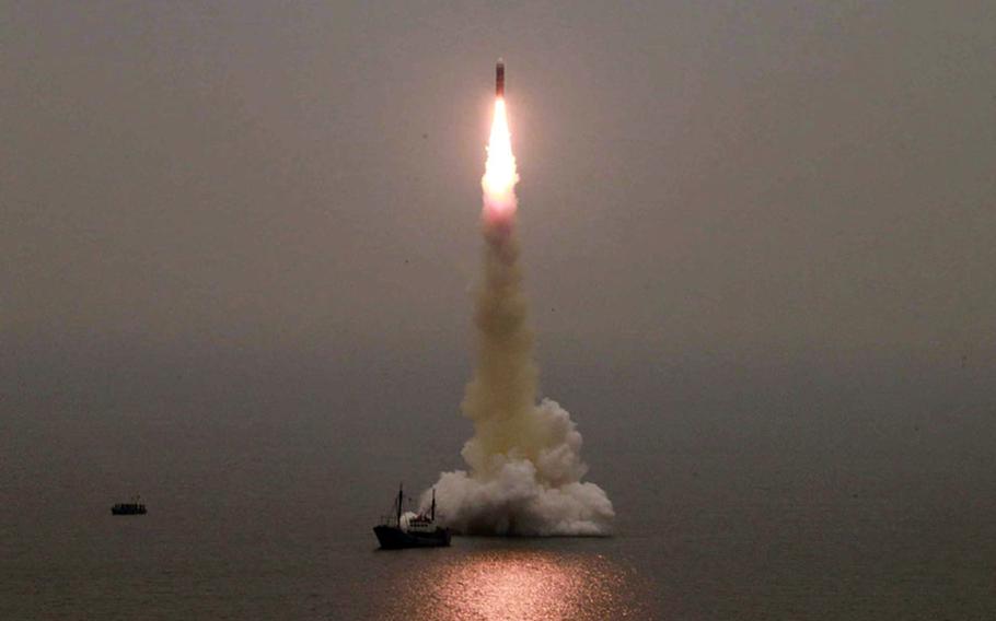 This image released Thursday, Oct. 3, 2019, by North Korea's state-run newspaper, Rodong Sinmun, purports to show a submarine launched ballistic missile test from the previous day. 
