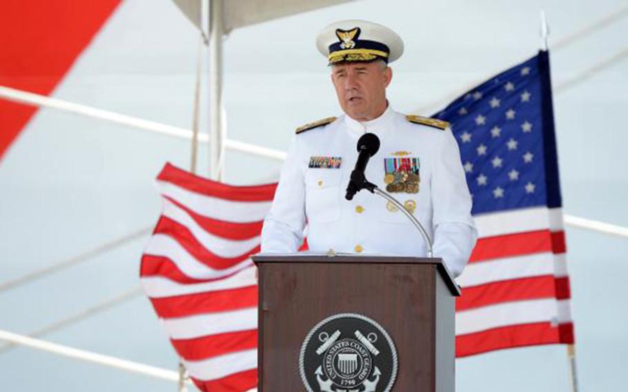 Coast Guard commandant Adm. Karl Schultz speaks during an August 2019 ceremony for the commissioning of two new cutters in Hawaii. Schultz on Monday, Oct. 22, 2019, said the service will homeport three fast-response cutters in Guam within the next two years. 