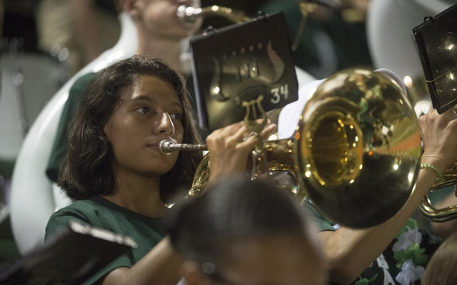 The Kubasaki High School band performs at Mike Petty Stadium during a game against the Camp Humphreys Blackhawks at Camp Foster, Okinawa, Friday, Oct. 25, 2019.