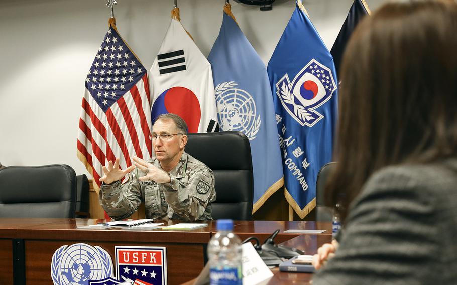 Gen. Robert Abrams, commander of U.S. Forces Korea, United Nations Command and Combined Forces Command, meets with media at Camp Humphreys, South Korea, Tuesday, Nov. 12, 2019. 