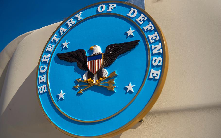 The Secretary of Defense seal is seen on a government plane at Joint Base Andrews in Maryland, Nov. 11, 2019. 
