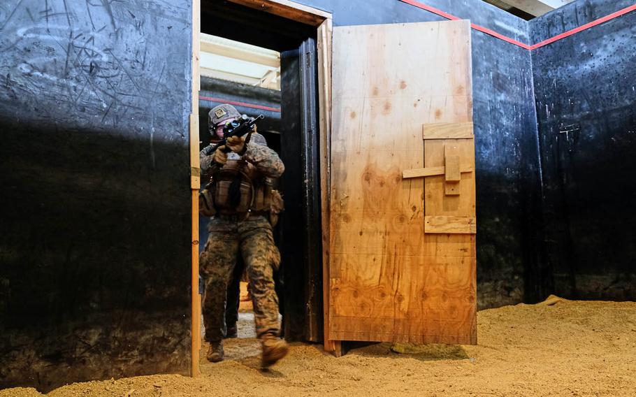 Marines from the Fleet Anti-terrorism Security Team-Pacific, Yokosuka, Japan Naval Base, train to clear rooms at Story Live Fire Training Complex, South Korea, Tuesday, Nov. 26, 2019.
