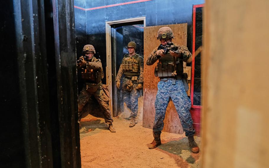 Marines from the Fleet Anti-terrorism Security Team-Pacific, Yokosuka Naval Base, Japan, train to clear rooms at Story Live Fire Training Complex, South Korea, Tuesday, Nov. 26, 2019.

