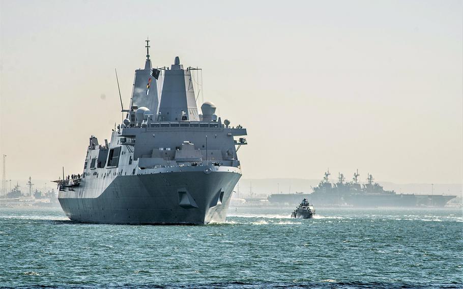 The amphibious transport dock USS New Orleans leaves San Diego for its new homeport at Sasebo Naval Base, Japan, Oct. 15, 2019.
