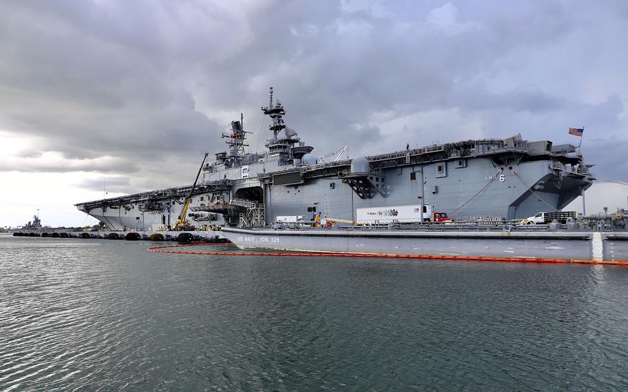 The amphibious assault ship USS America visits Joint Base Pearl Harbor-Hickam, Hawaii, Nov. 21, 2019.
