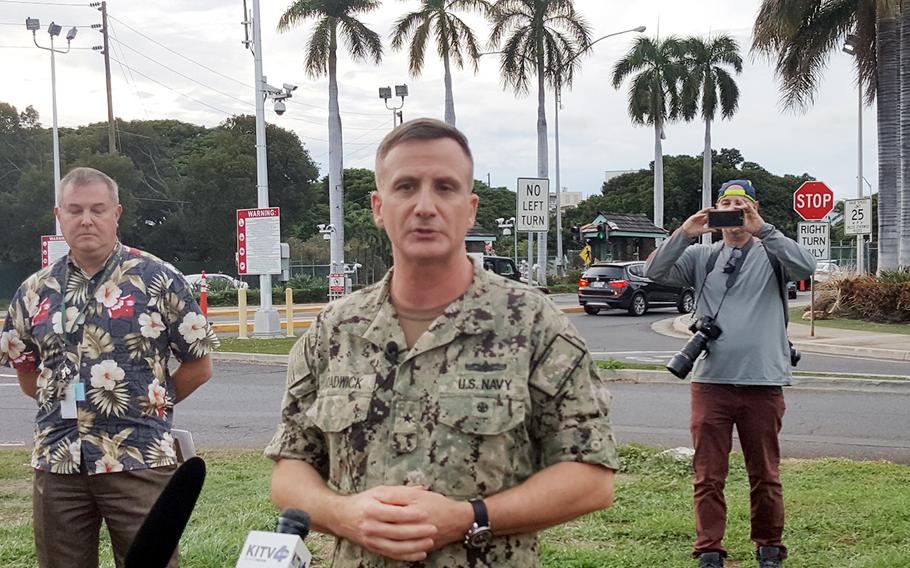 Rear Adm. Robert Chadwick II, Navy Region Hawaii commander, speaks to reporters about shooting deaths at Joint Base Pearl Harbor-Hickam, Hawaii, Wednesday, Dec. 4, 2019.
