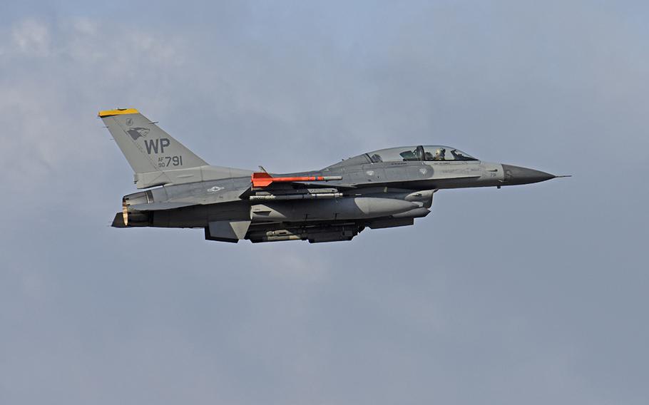 A U.S. Air Force F-16 Fighting Falcon assigned to the 80th Fighter Squadron takes off for routine flying at Kunsan Air Base, South Korea, Nov. 19, 2019.