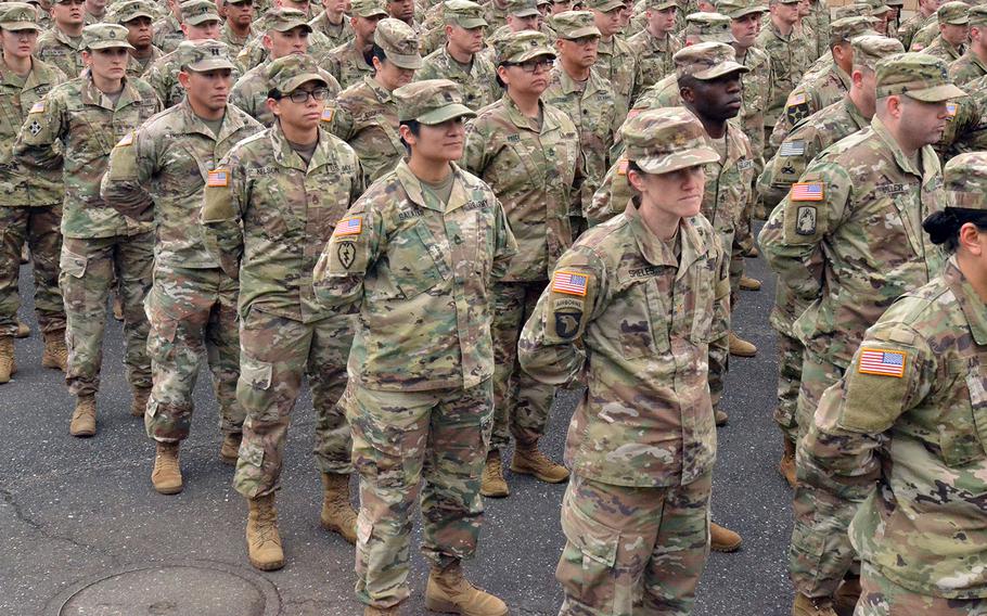 U.S. soldiers stand in formation during a ceremony to kick off the Yama Sakura exercise with Japan at Camp Asaka in Tokyo, Monday, Dec. 9, 2019. 
