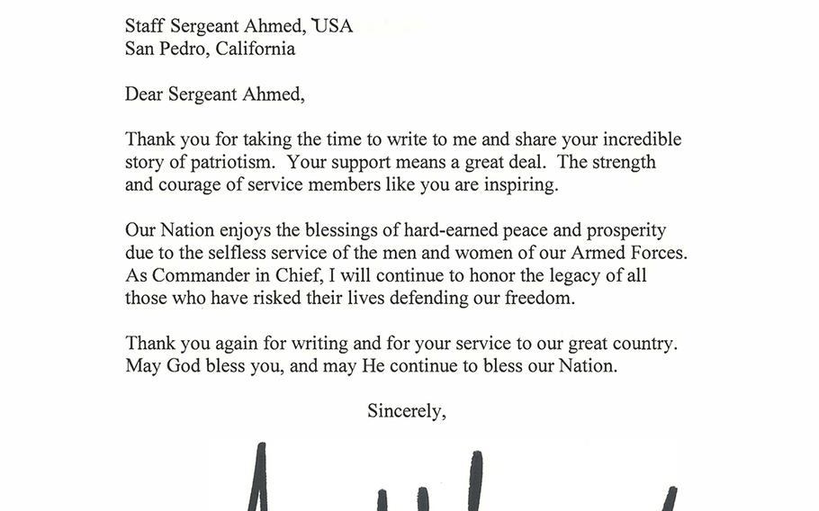 President Donald Trump thanked Staff Sgt. Ahmed AlSaedi for his "incredible story of patriotism" in this letter dated Nov. 14, 2019.