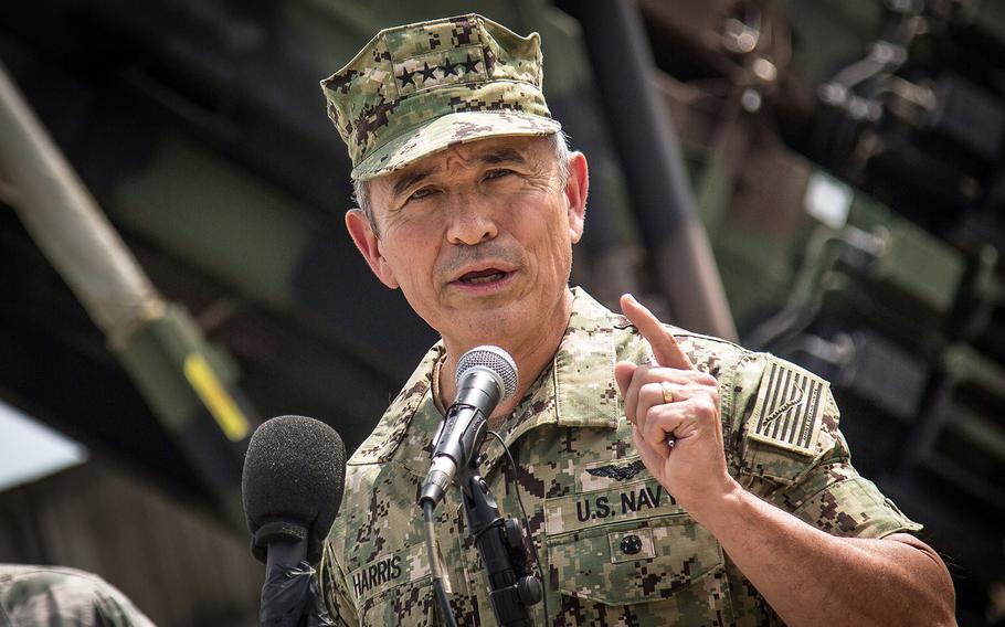 Then-Adm. Harry Harris speaks to reporters at Osan Air Base, South Korea, Aug. 22, 2017. 