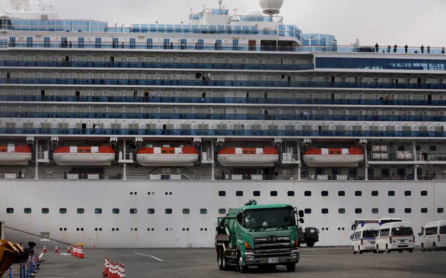 The quarantined Diamond Princess cruise ship is docked at a port, Saturday, Feb. 15, 2020, in Yokohama, near Tokyo. A viral outbreak that began in China has infected more than 67,000 people globally. The World Health Organization has named the illness COVID-19, referring to its origin late last year and the coronavirus that causes it.