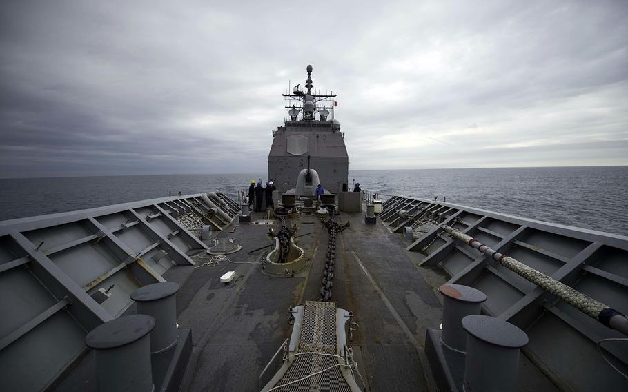 The guided-missile cruiser USS Chancellorsville steams through the Taiwan Strait, Saturday, Feb. 15, 2020. 
