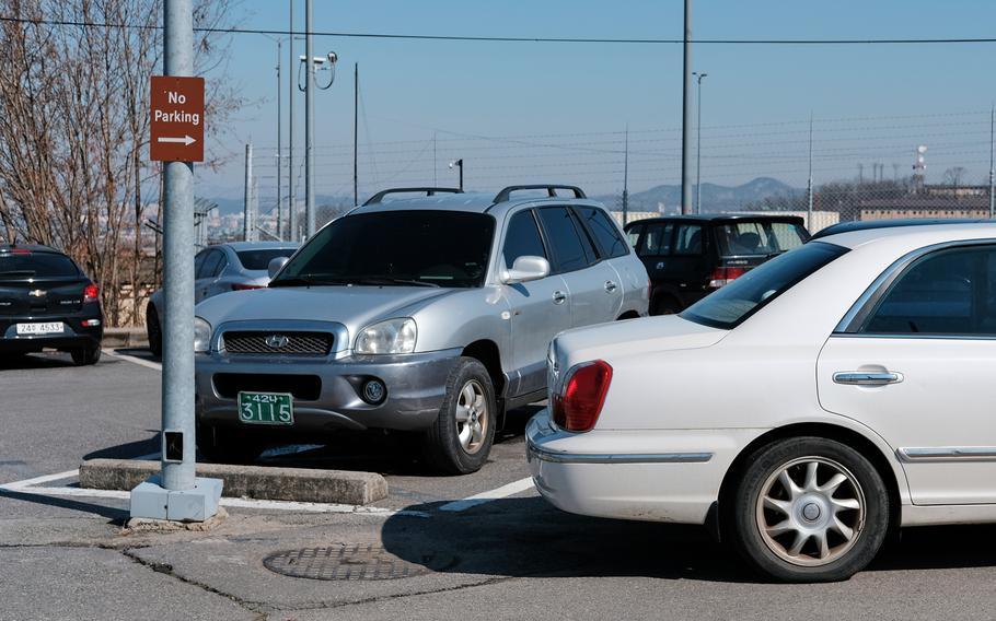 A car is illegally parked near 51st Fighter Wing headquarters at Osan Air Base, South Korea, Tuesday, Feb. 18, 2020.
