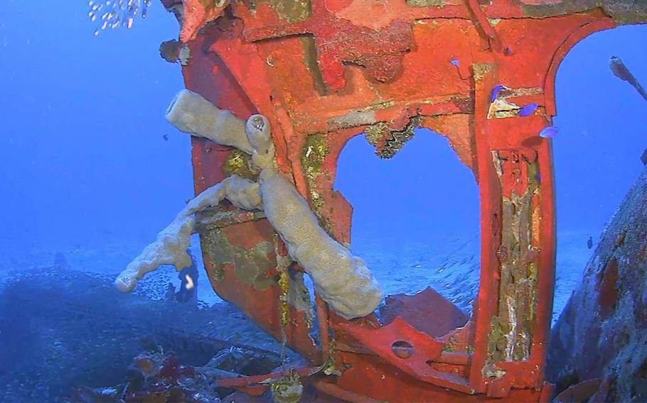 The starboard rear viewing port and entry hatch from a TBM/F-1 Avenger torpedo bomber found during a recent underwater expedition at Truk Lagoon, Federated States of Micronesia.