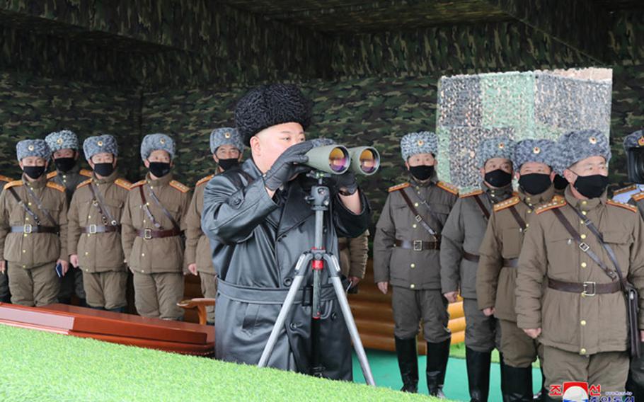 North Korean leader Kim Jong Un observes a “joint strike drill,” according to the state-run Korean Central News Agency in this undated photo provided by KCNA on Feb. 29, 2020.