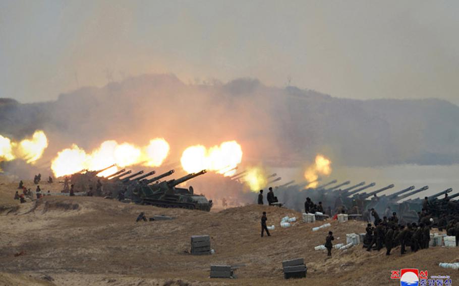 This photo, released by the North Korean Central News Agency on Feb. 29, 2020, purports to show a “joint strike drill."