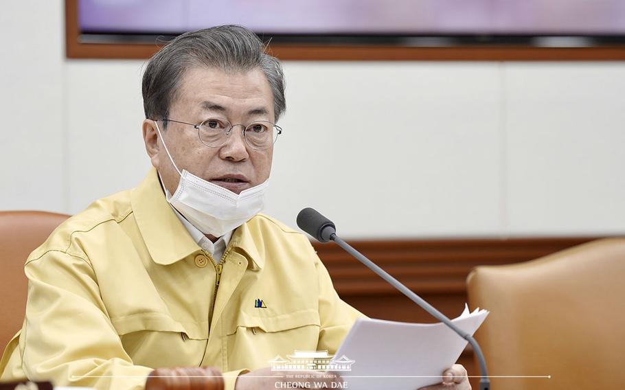 South Korean President Moon Jae-in speaks at a Cabinet meeting in Seoul on Tuesday, March 3, 2020. 