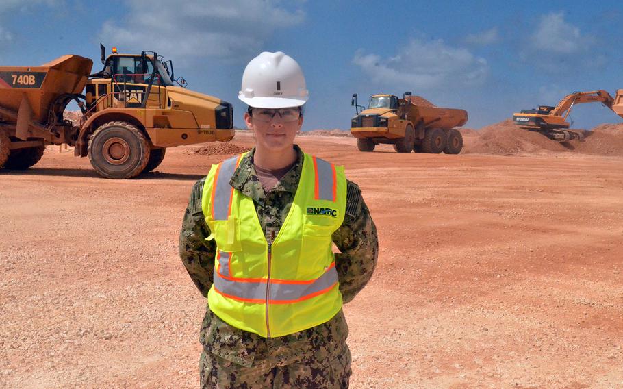 Lt. j.g. Hayley Dimmick, 24, of Tucson, Ariz., a Navy construction management engineer, poses during construction work for Camp Blaz, Guam, Feb. 20, 2020. 