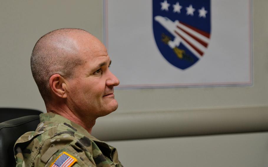 Col. Clint Murray, the U.S. Forces Korea command surgeon, speaks to reporters about the cooperation between USFK and South Korea's Centers for Disease Control and Prevention at Camp Humphreys, South Korea, Tuesday, March 17, 2020.
