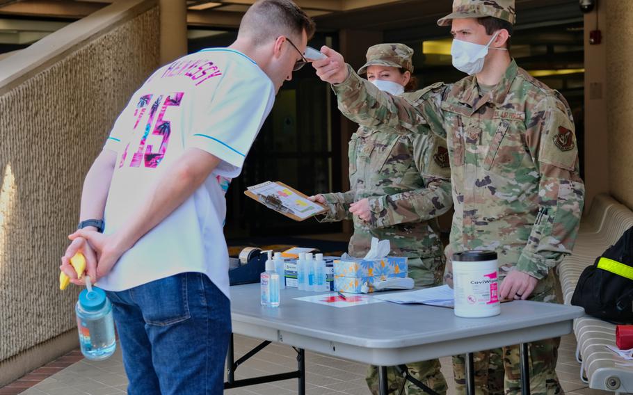 51st Fighter Wing medical staff screen an airman for coronavirus symptoms before he enters Osan Air Base, South Korea, Friday, April 3, 2020.
