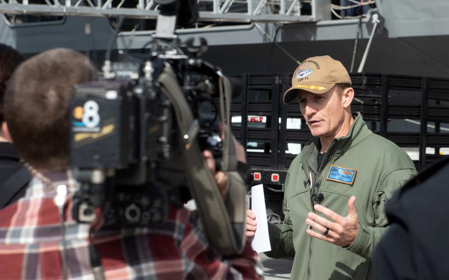 Capt. Brett Crozier speaks with local news media at Naval Air Station North Island, San Diego, Jan. 17, 2020.
