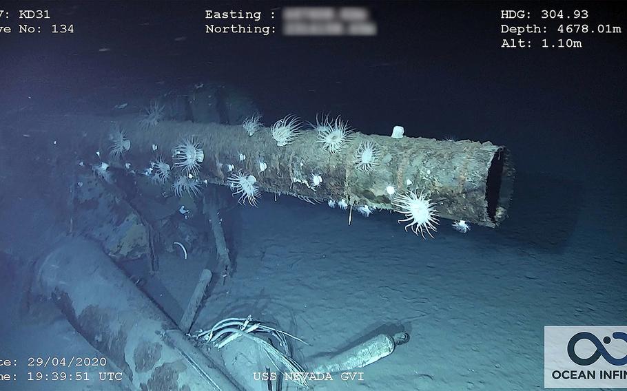Top of the USS Nevada's foremast, which would have towered more than 100 feet above the sunken battleship's deck.