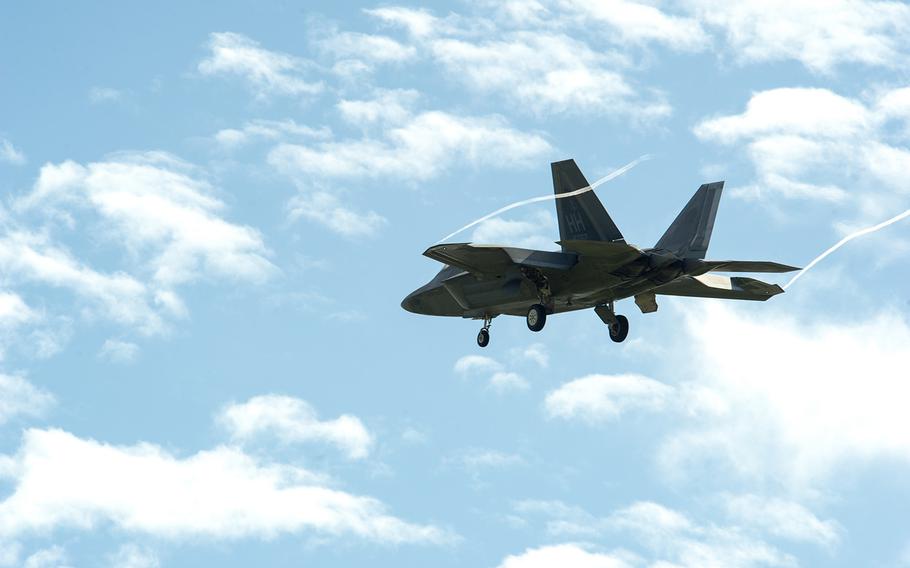 A Hawaii Air National Guard F-22 Raptor approaches Honolulu Airport Jan. 17, 2020, during exercise Sentry Aloha 20-1. On Thursday, May 14, 2020, a flyover event to honor front-line workers battling the pandemic will feature Hawaii-based U.S. Air Force planes, including a C-17 Globemaster III, a KC-135 Stratotanker and a flight of F-22 Raptors.