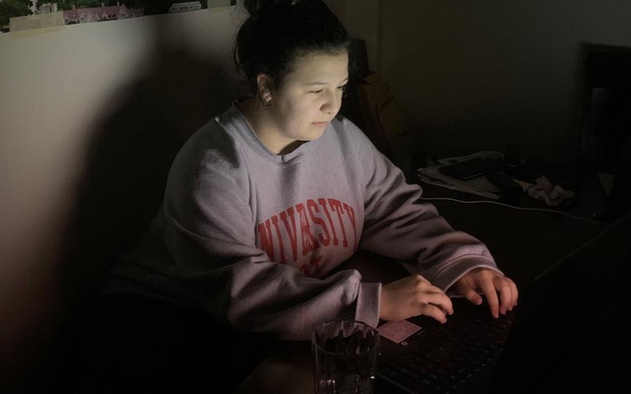 Ruth-Elizabeth Hansen, a junior at Matthew C. Perry High School, takes her Advanced Placement Literature exam at 3 a.m. Saturday, May 16, 2020, at Marine Corps Air Station Iwakuni, Japan.