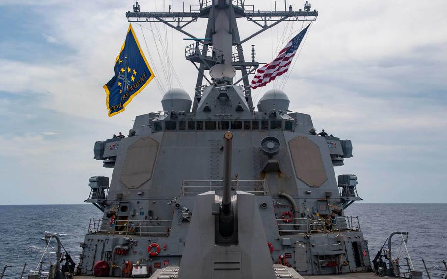 The Arleigh Burke-class guided-missile destroyer USS Mustin transits the South China Sea on May 28, 2020.