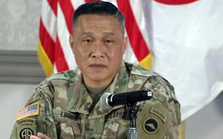 U.S. Army Japan commander Maj. Gen. Viet Luong listen to a question during a virtual town hall meeting at Camp Zama, Japan, Tuesday, June 9, 2020. 