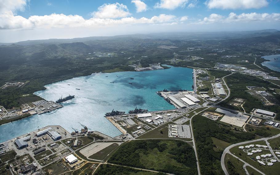 This aerial view of Naval Base Guam shows Apra Harbor with several Navy vessels in port on March 5, 2016.