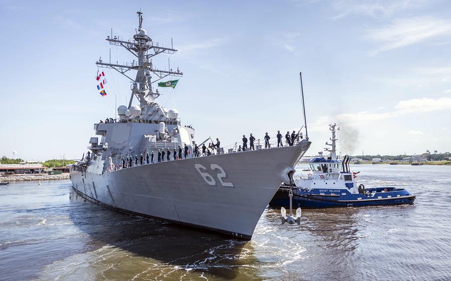 The guided-missile destroyer USS Fitzgerald prepares to depart a shipyard in Pascagoula, Miss., to head for its new homeport in San Diego, Saturday, June 13, 2020.