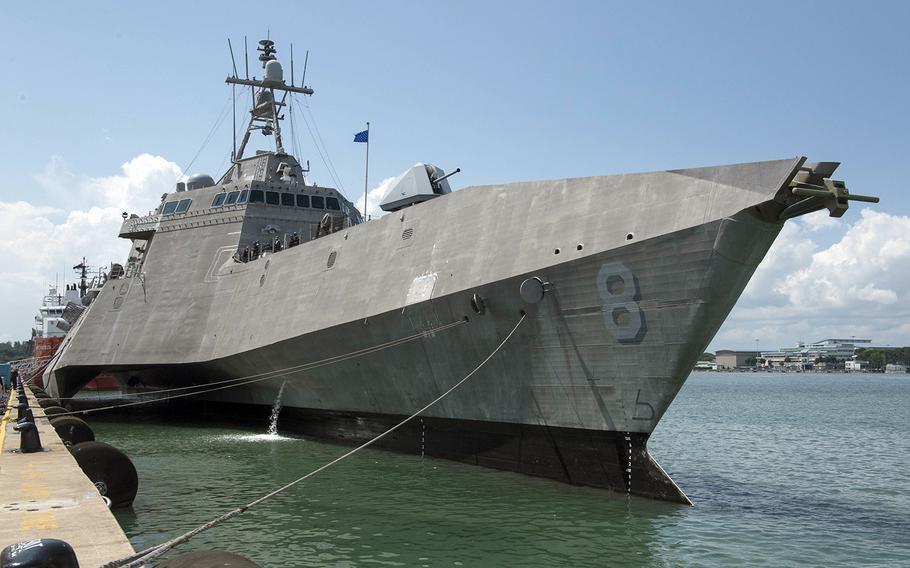 The Austal-built littoral combat ship USS Montgomery sits pierside at Changi Naval Base, Singapore, July 6, 2019.