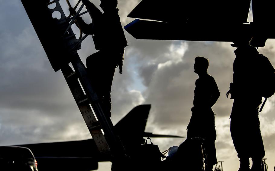 An airman climbs out of a B-1B bomber at Andersen Air Force Base, Guam, May 22, 2020