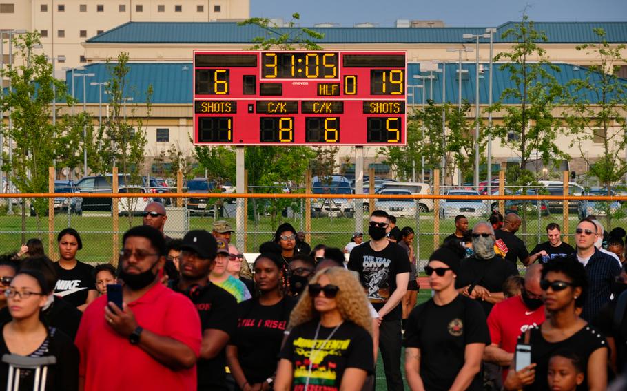 A scoreboard displays June 19, 1865, during a Juneteenth celebration at Camp Humphreys, South Korea, on Friday, June 19, 2020.
